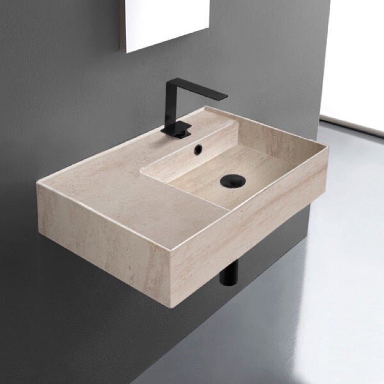 Scarabeo 5117-E-One Hole Beige Travertine Design Ceramic Wall Mounted or Vessel Sink With Counter Space